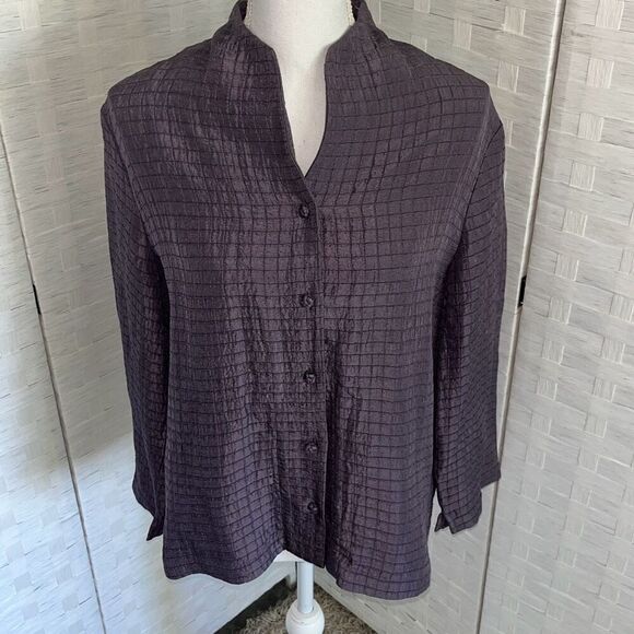 Eileen Fisher Silk Linen 3/4 Sleeve Check Jacket Purple Women’s Medium - Picture 2 of 16